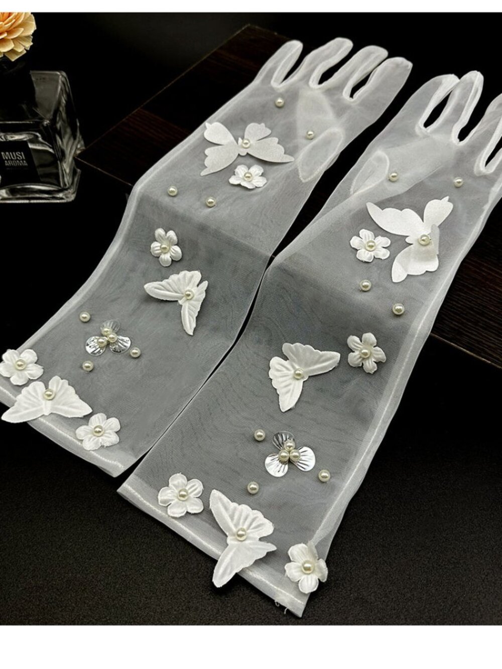 Vintage Pearl & Butterfly Sheer Tulle Wedding Gloves White Mid Length 40cm
